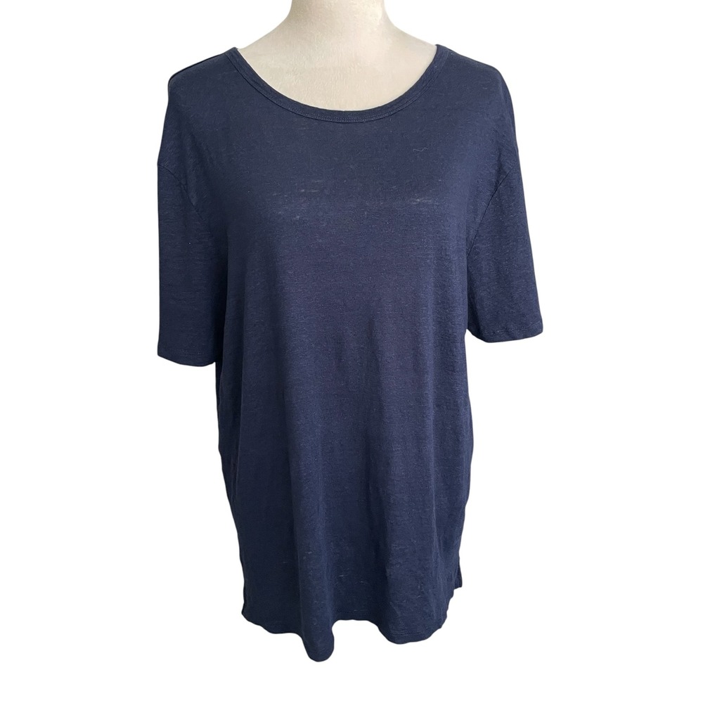 Quince Linen Navy Tee Shirt Top L Coastal Nautical Resort Beachy Relaxed Lounge